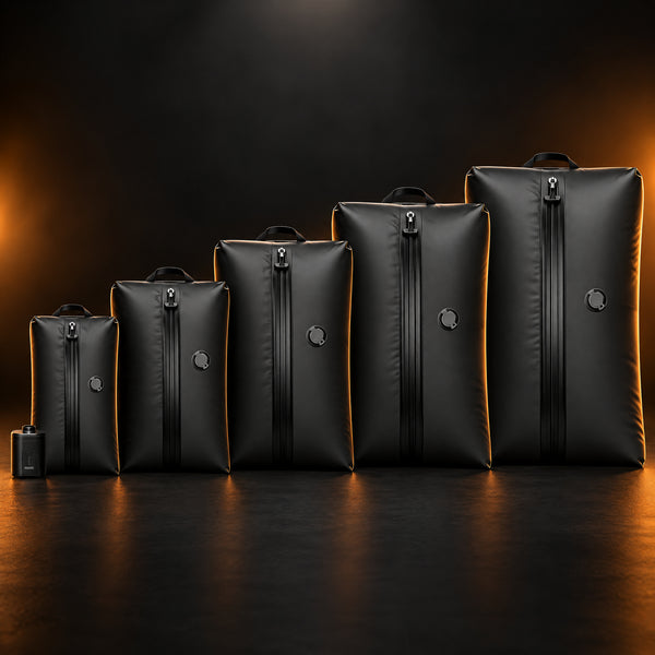 Vacuum travel bags in all five sizes with the Mini Vac pump