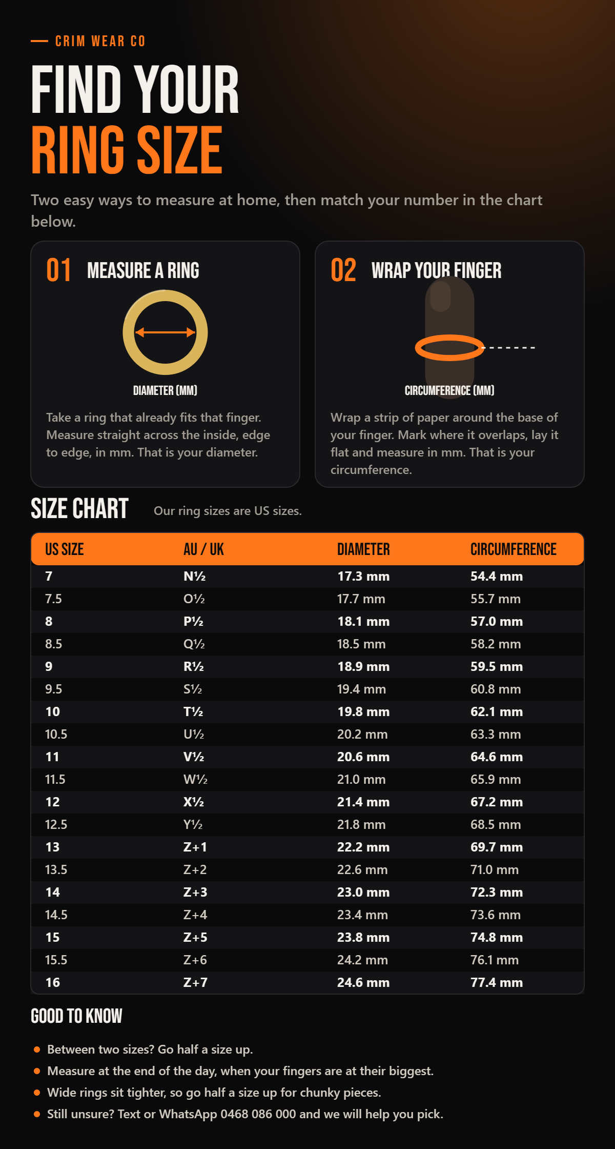 Custom Two Finger Ring size chart