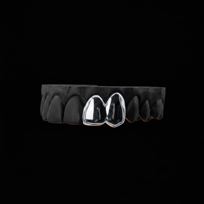 2-Tooth Silver Grillz on Mold - Black Background No Hands