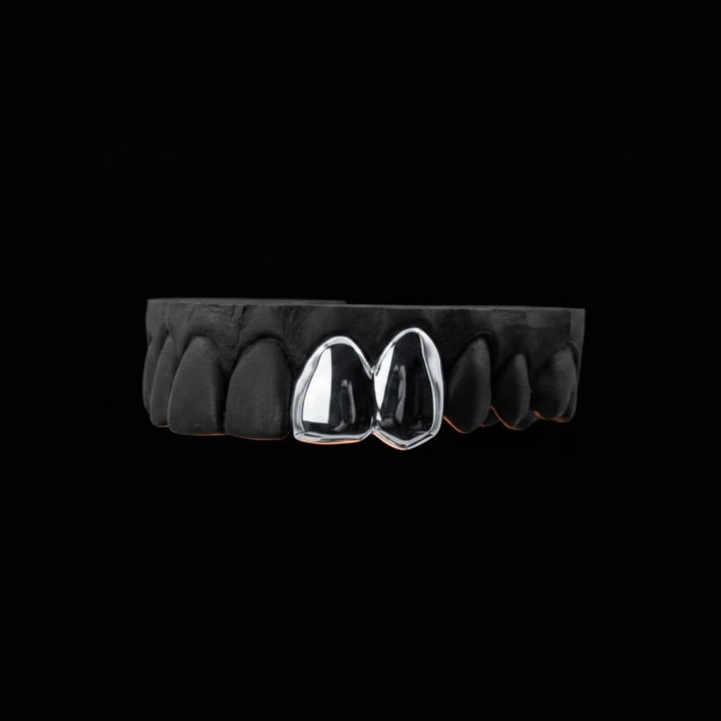 2-Tooth Silver Grillz on Mold - Black Background No Hands