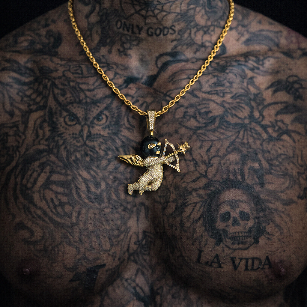 Masked Cherub Iced Pendant Gold or Silver