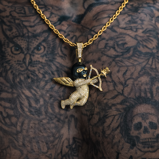 Masked Cherub Iced Pendant Gold or Silver
