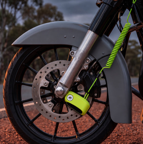 Alarm disc lock clamped over the edge of the front brake disc on a Nardo Grey custom Road Glide
