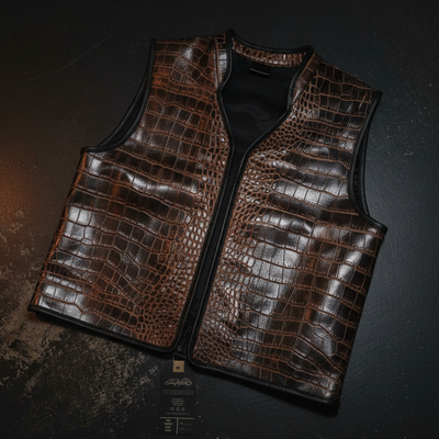 Dark moody product photo of Euro Cognac Gator Belly vest