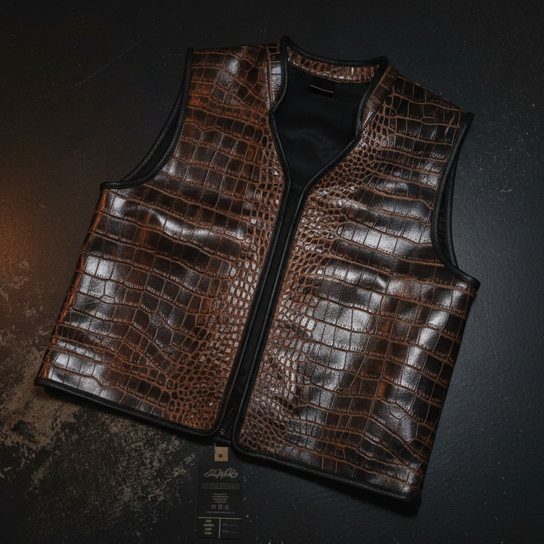 Dark moody product photo of Euro Cognac Gator Belly vest