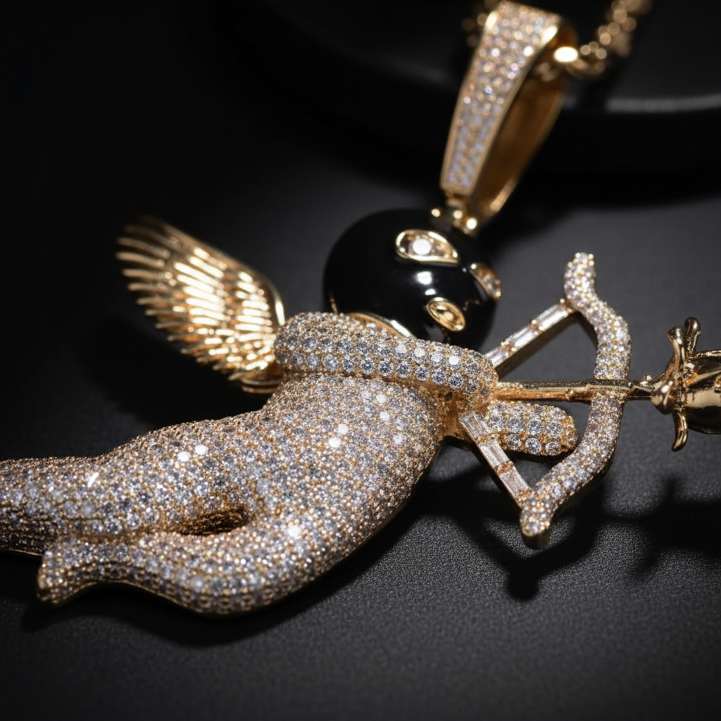 Masked Cherub Iced Pendant Gold or Silver