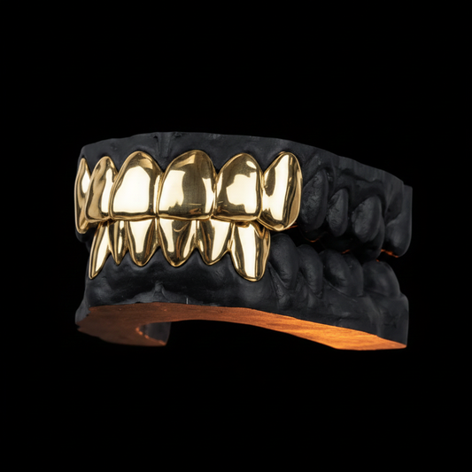 Gold Full Set Grillz Angled - Black Background No Hands