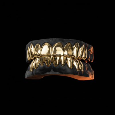 Gold Full Set Grillz on Mold - Black Background No Hands
