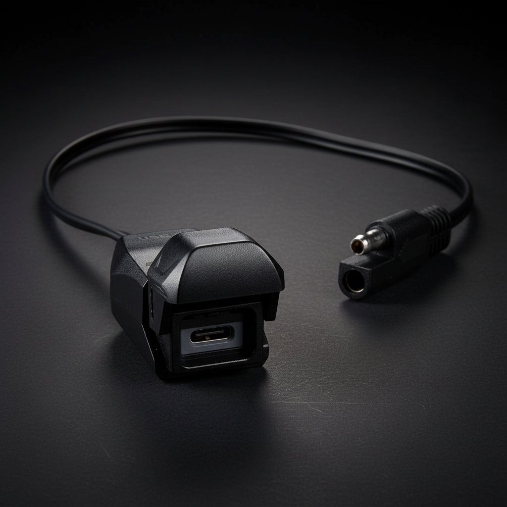 SAE to USB-C charger with dark moody styling