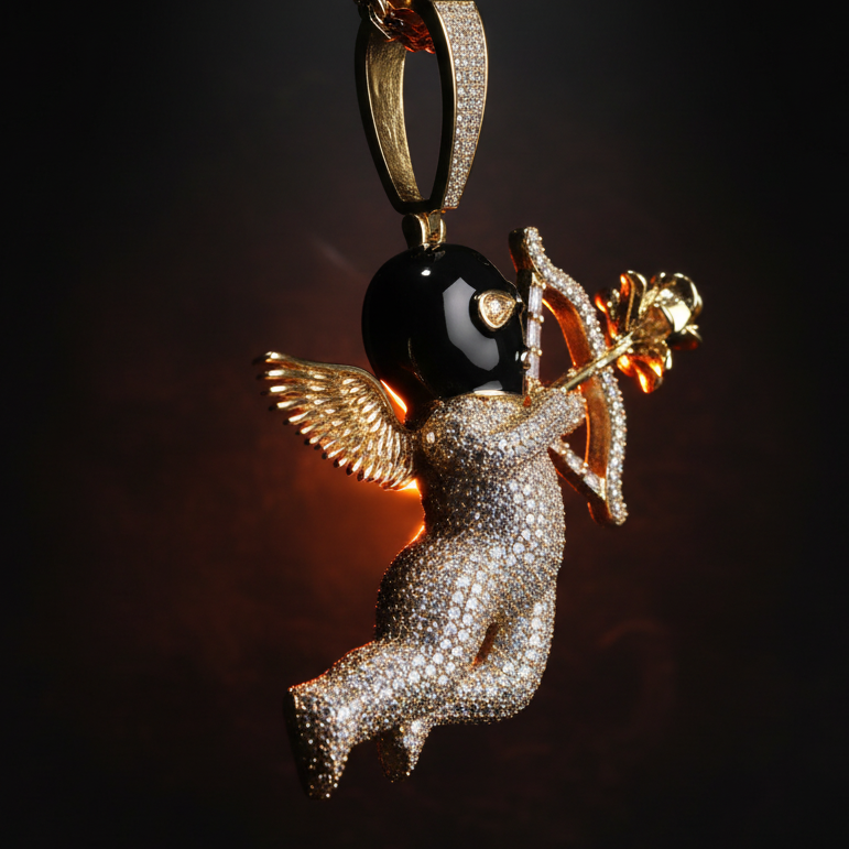Masked Cherub Iced Pendant Gold or Silver