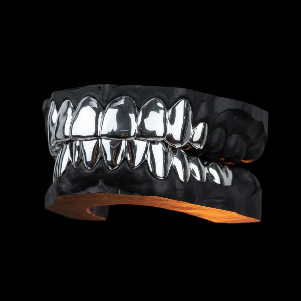 Silver Full Set Grillz Angled - Black Background No Hands