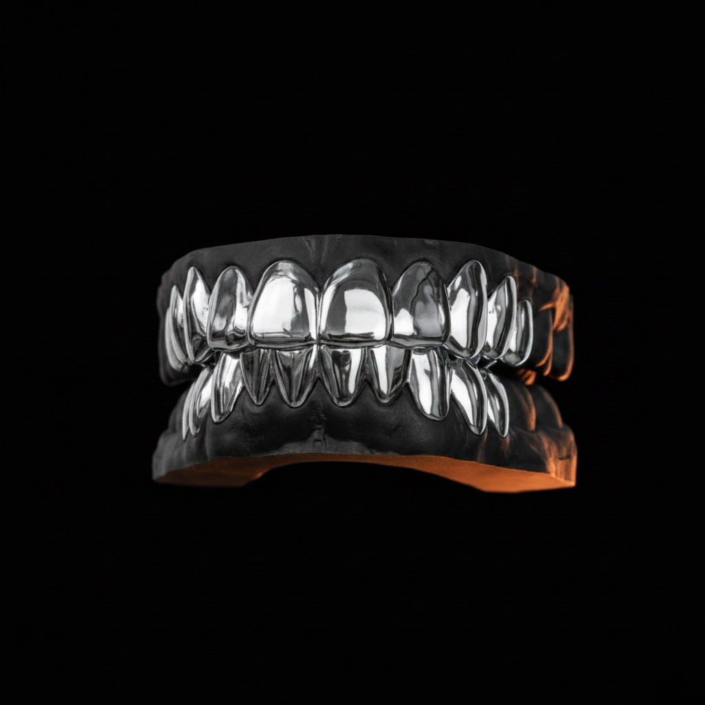 Silver Full Set Grillz on Mold - Black Background No Hands