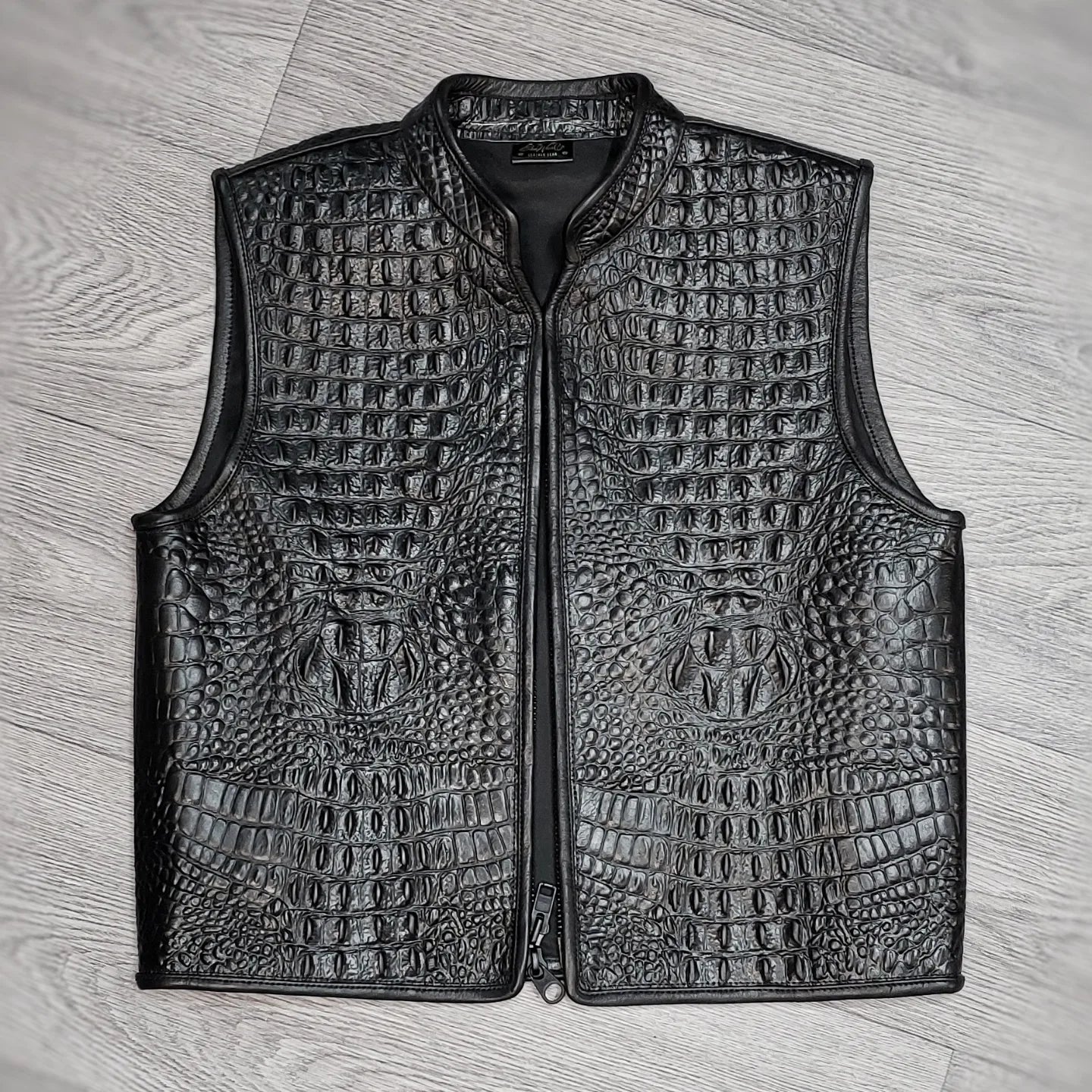 Mens Bikers Vest Black Crocodile Print Leather Black Sleeveless Waistcoat -  BRANDO-HS-CROC - Leather Addicts